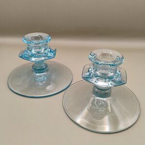 vintage Fostoria clear glass azure blue likely Fairfax taper candle holders